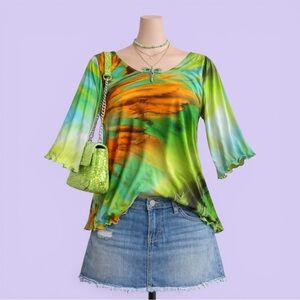 Vintage Jostar Y2K Abstract Multicolor Stretch Blouse Lettuce Hem Top M Festival